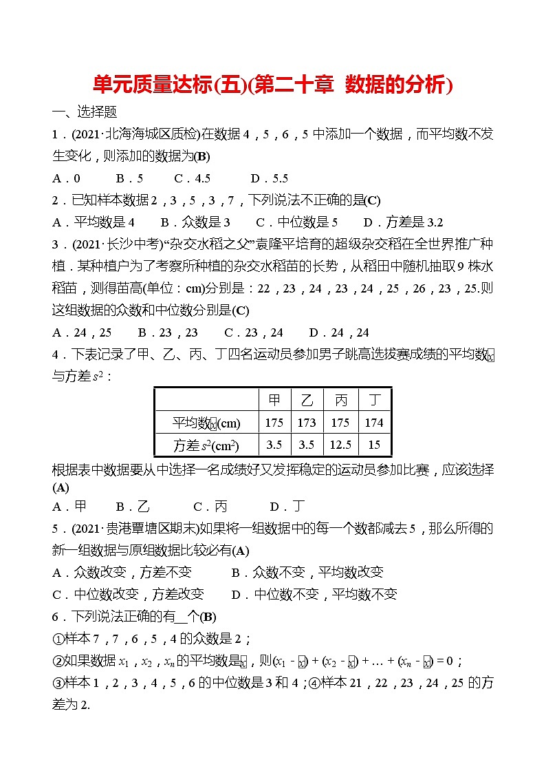 2021-2022 人教版数学 八年级下册 单元质量达标(五)(第二十章 数据的分析) 试卷（教师版）第1页
