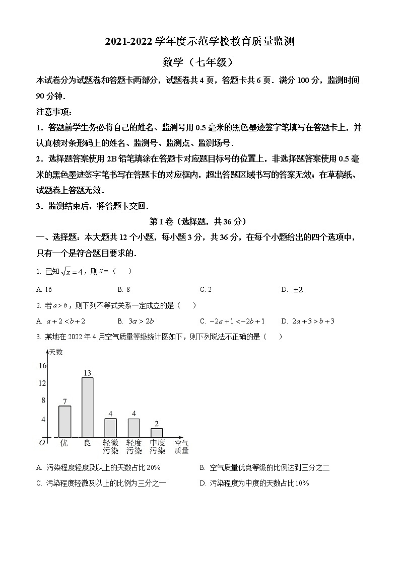 四川省绵阳市2021-2022学年七年级下学期期末数学试题(word版含答案)01
