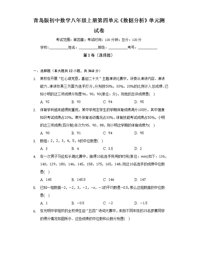 青岛版初中数学八年级上册第四单元《数据分析》单元测试卷（较易）（含答案解析)01