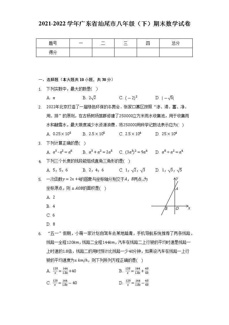 2021-2022学年广东省汕尾市八年级（下）期末数学试卷（Word解析版）第1页