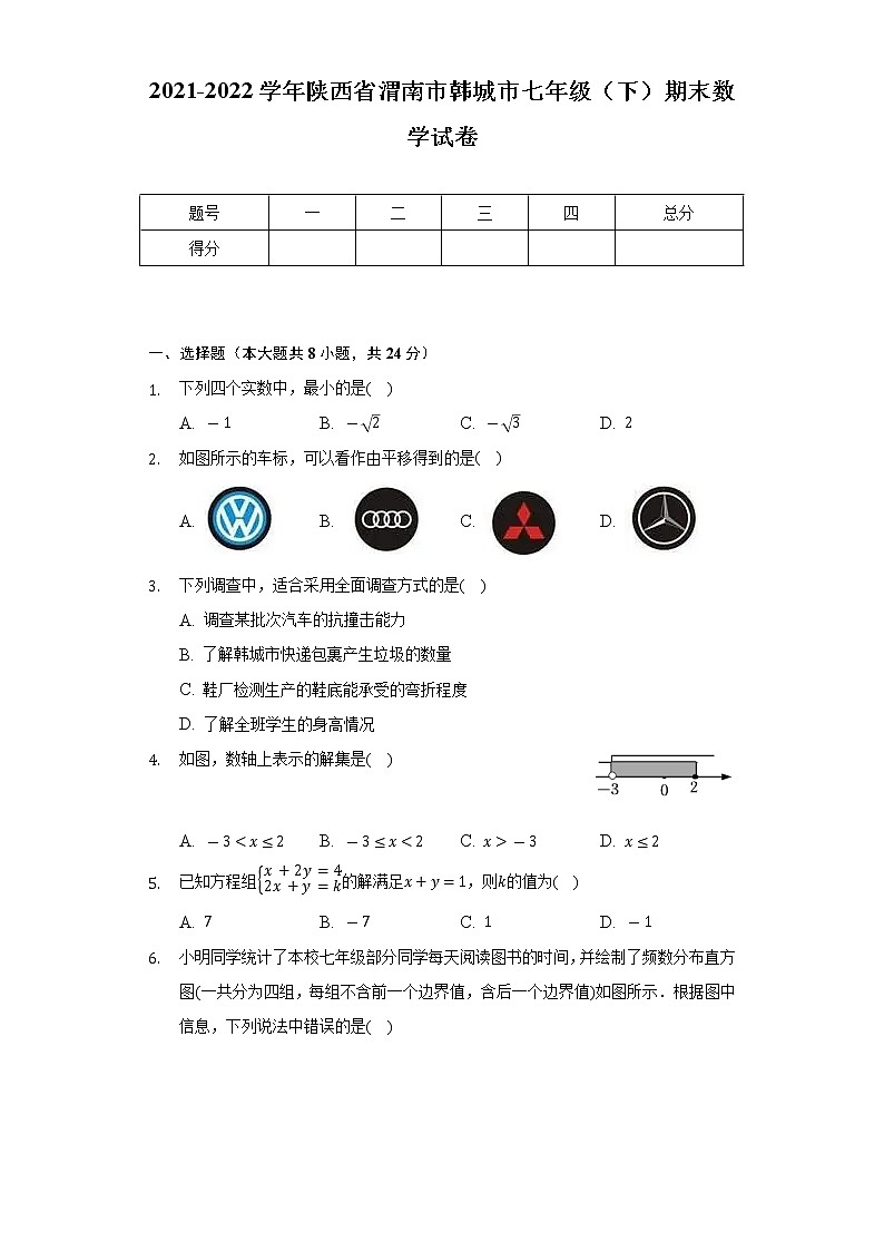 2021-2022学年陕西省渭南市韩城市七年级（下）期末数学试卷（Word解析版）第1页