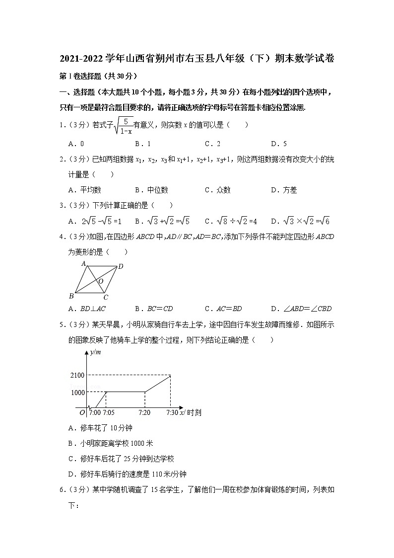 山西省朔州市右玉县2021-2022学年下学期八年级期末数学试卷(word版含答案)第1页
