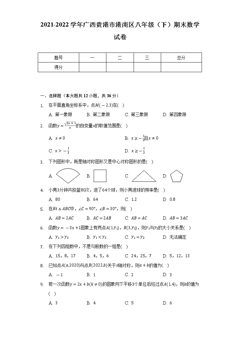 2021-2022学年广西贵港市港南区八年级（下）期末数学试卷-（Word解析版）01