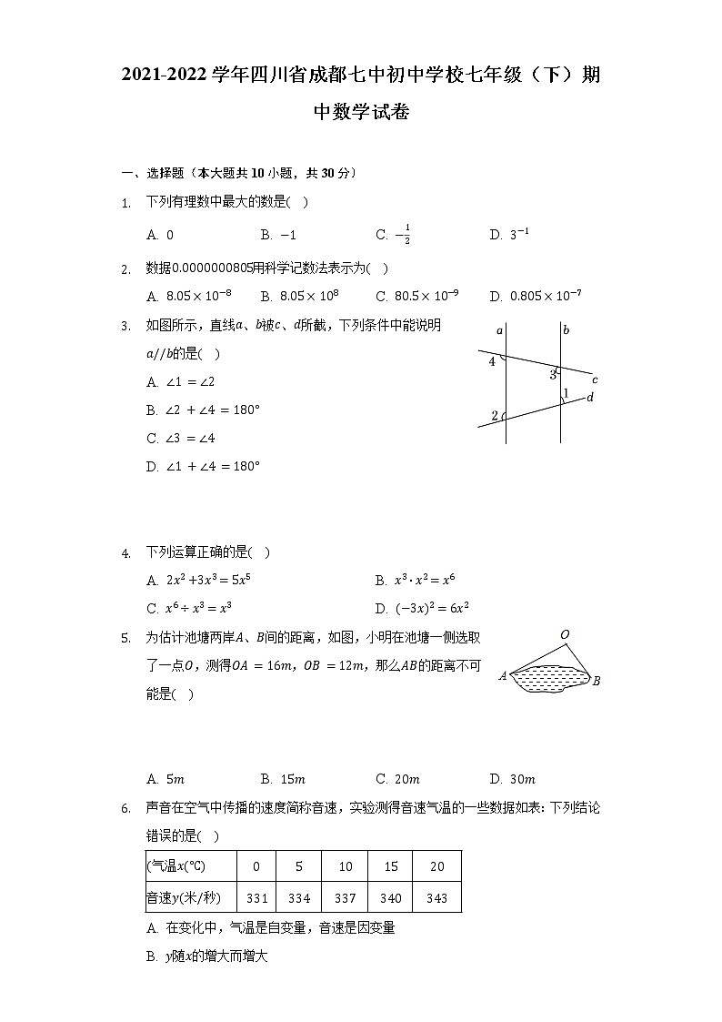 2021-2022学年四川省成都七中初中学校七年级（下）期中数学试卷（Word解析版）第1页