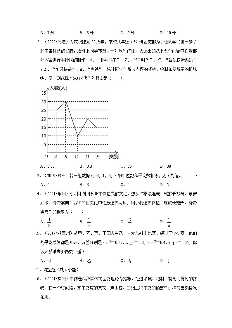 2017-2021年湖南中考数学真题分类汇编之统计与概率第3页