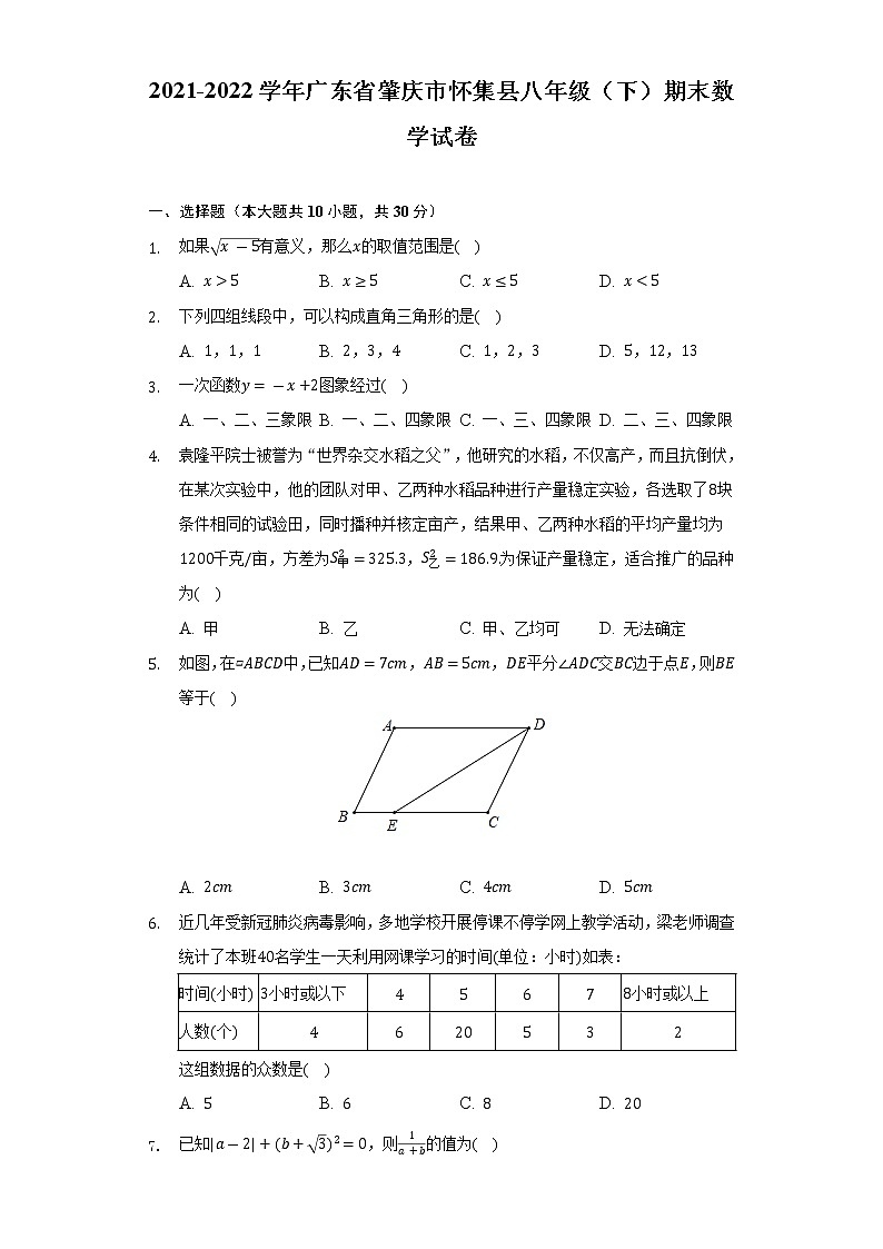 2021-2022学年广东省肇庆市怀集县八年级（下）期末数学试卷--（Word解析版）第1页