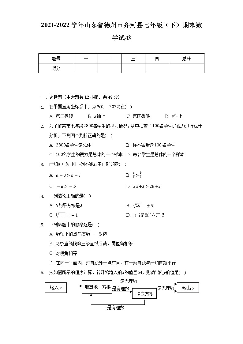 2021-2022学年山东省德州市齐河县七年级（下）期末数学试卷（Word解析版）第1页
