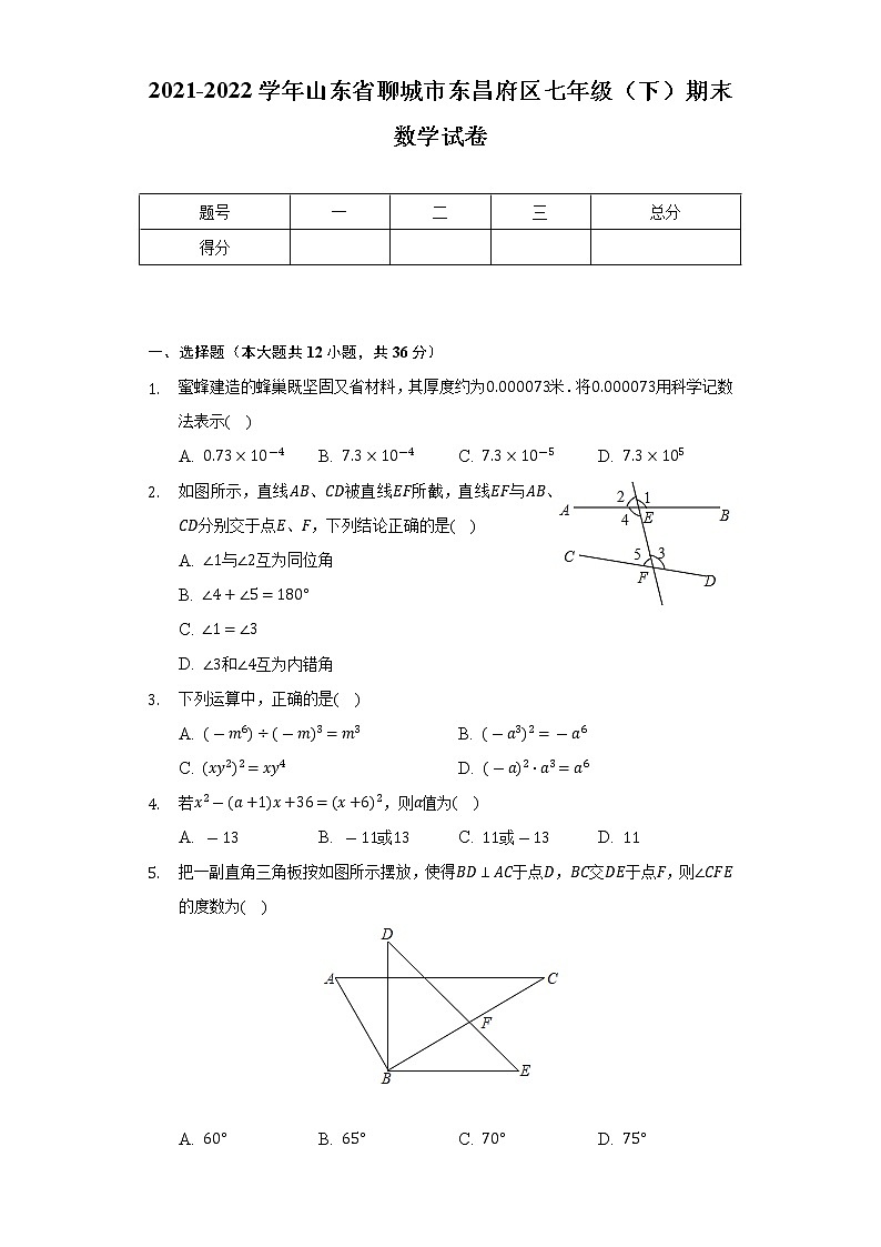 2021-2022学年山东省聊城市东昌府区七年级（下）期末数学试卷（Word解析版）01