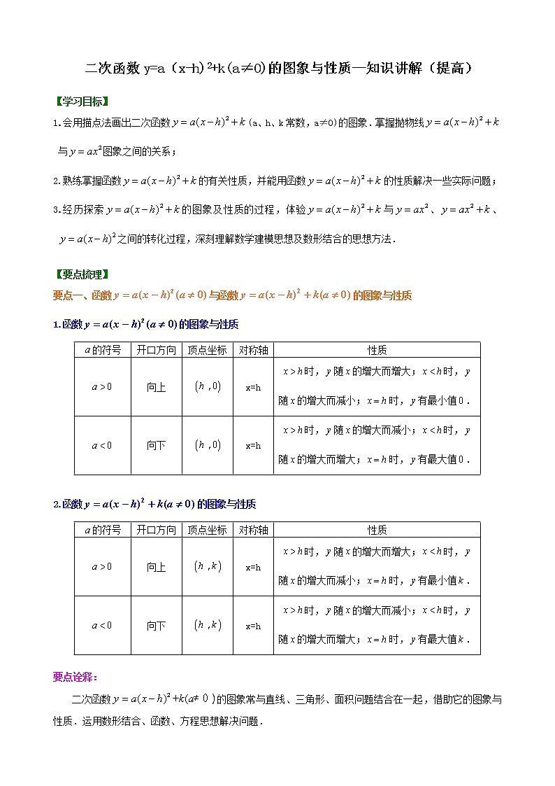 人教版数学九上07《二次函数y=a（x-h)2+k的图象与性质》知识讲解+巩固练习(基础版)（含答案）01