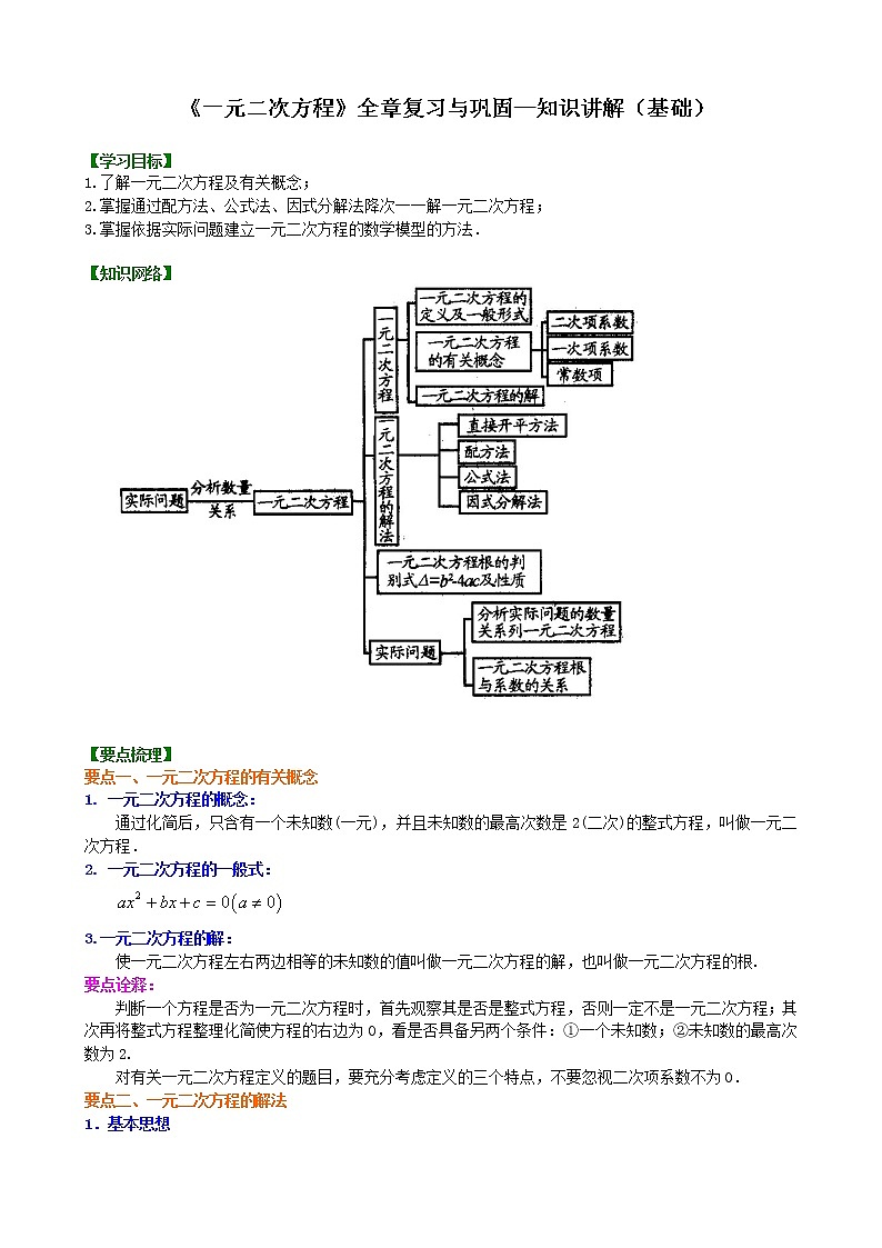 人教版数学九上06《一元二次方程 全章复习与巩固》知识讲解+巩固练习(基础版)（含答案）第1页