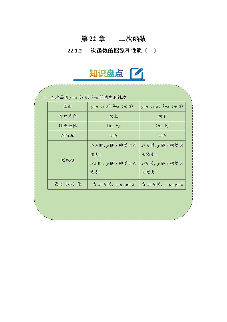 2022-2023学年人教版九年级数学上册--22.1.2二次函数的图象和性质（二）（知识题型精讲）（原卷版）第1页