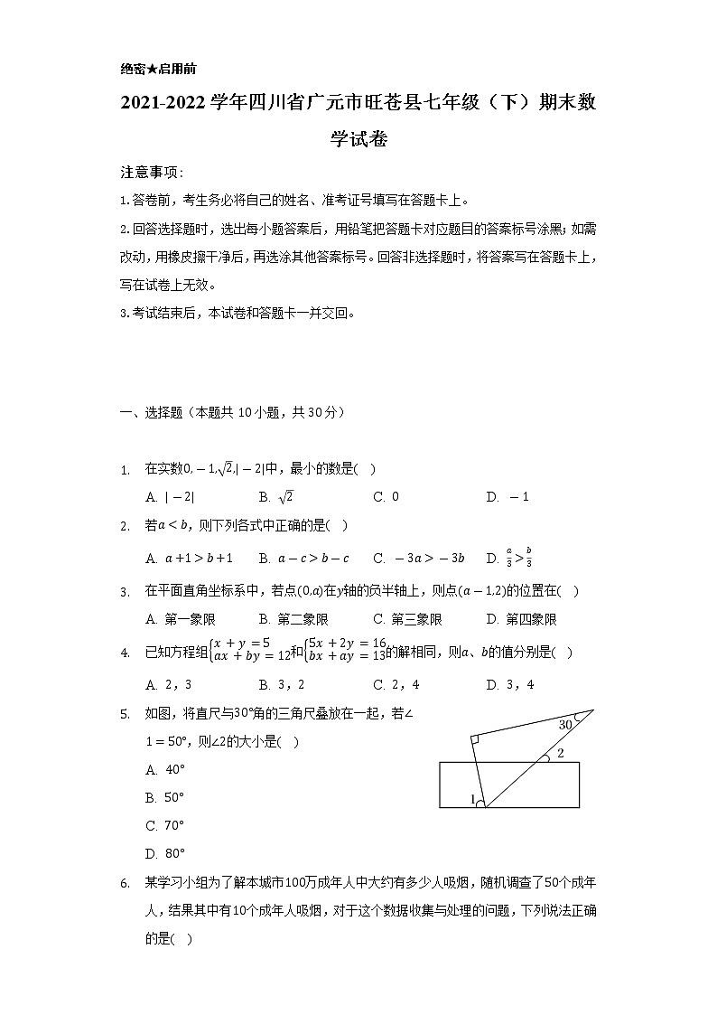 2021-2022学年四川省广元市旺苍县七年级（下）期末数学试卷（Word解析版）第1页