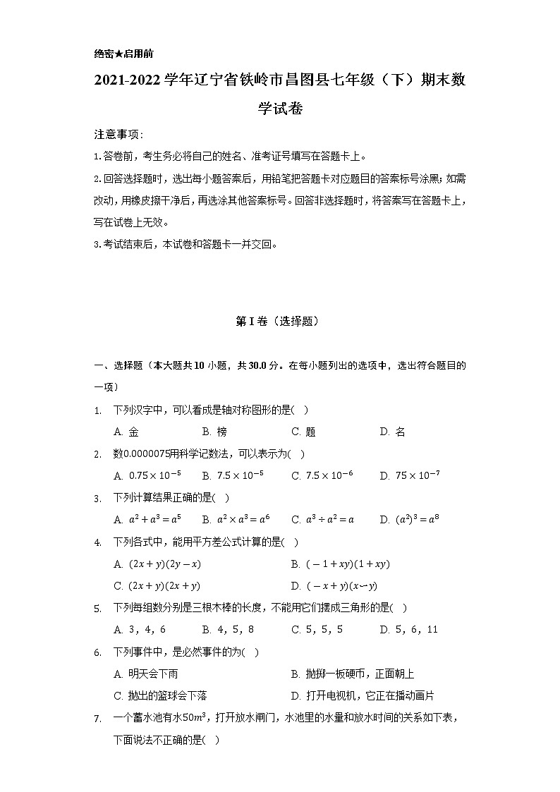 2021-2022学年辽宁省铁岭市昌图县七年级（下）期末数学试卷（Word解析版）第1页