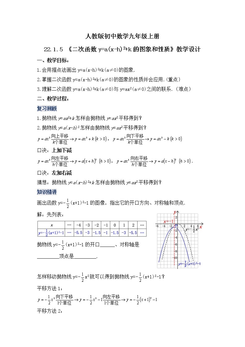 22.1.5 《二次函数y=a(x-h)2+k的图象和性质》课件+教案01