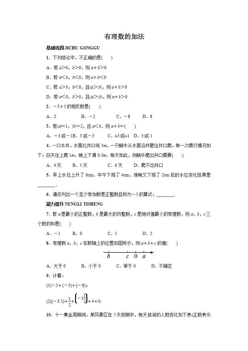 1.5 有理数的加法1 冀教版七年级上册数学课时作业(含答案)第1页