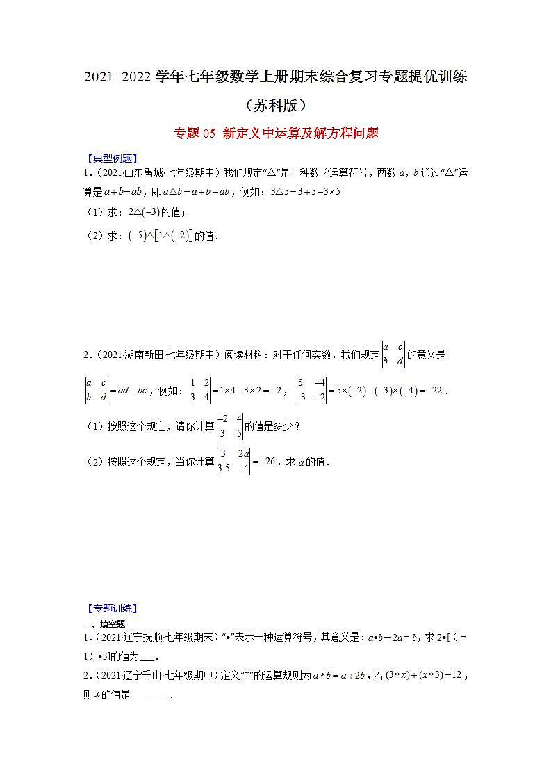 专题05 新定义中运算及解方程问题（原卷版）-2021-2022学年七年级数学上册期末综合复习专题提优训练（苏科版）第1页