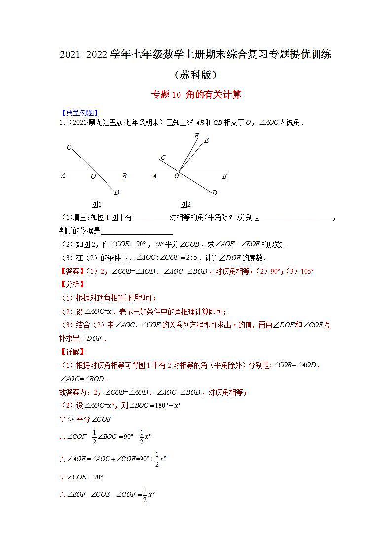 专题10 角的有关计算（解析版）-2021-2022学年七年级数学上册期末综合复习专题提优训练（苏科版）第1页
