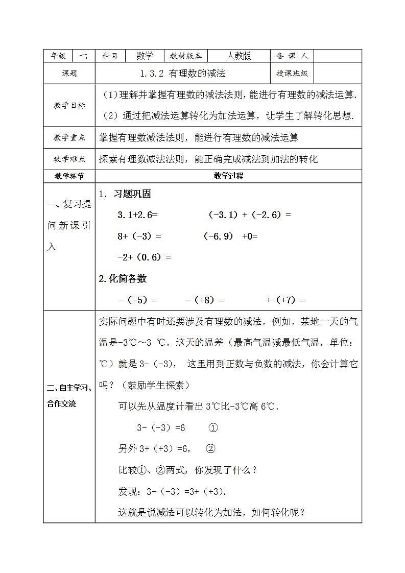 人教版七年级数学上册--1.3.2有理数的减法-教学设计01