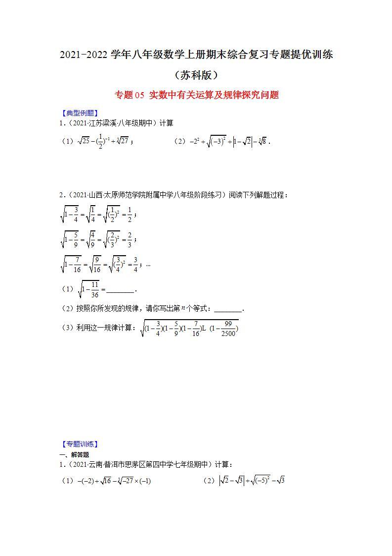 专题05 实数中有关运算及规律探究问题-2021-2022学年八年级数学上册期末综合复习专题提优训练（苏科版）01