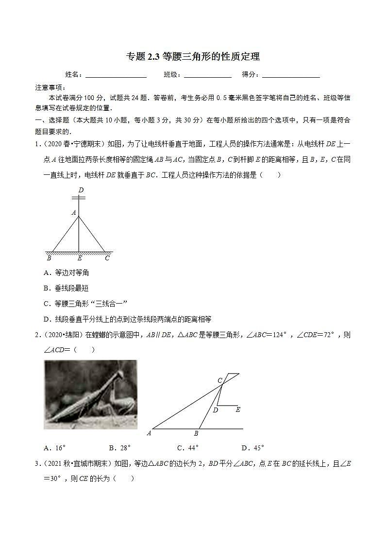 浙教版八年级数学上册同步培优练习 专题2.3等腰三角形的性质定理 （测试题）+（详解版）01