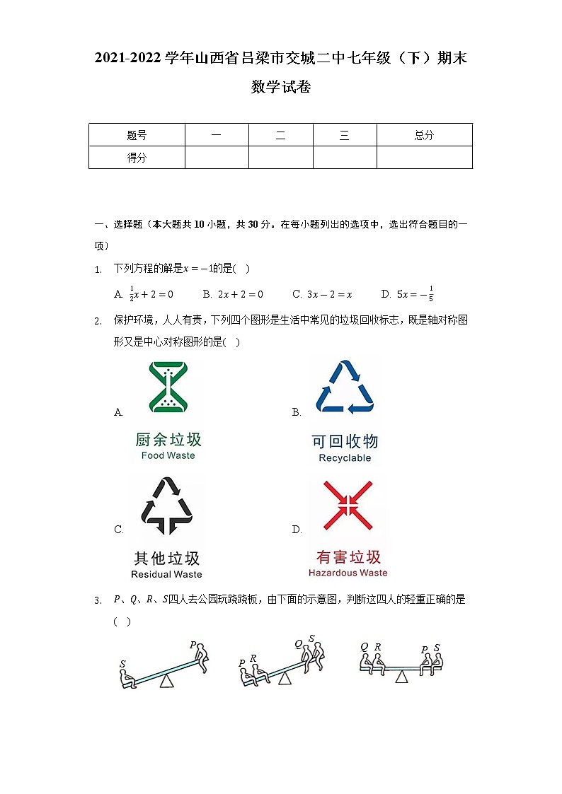 山西省吕梁市交城县第二中学校2021-2022学年七年级下学期期末学情调研 数学试卷(word版含答案)01