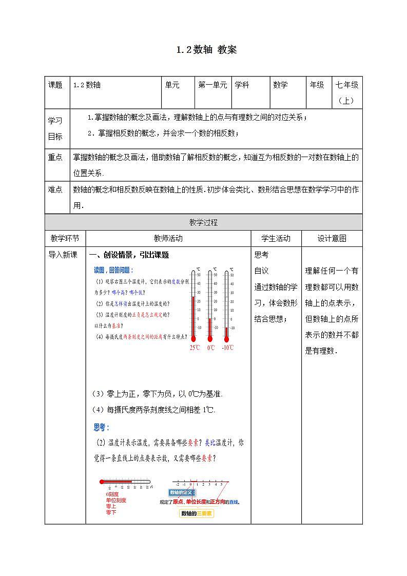 浙教版7年级上册数学1.2数轴教案第1页