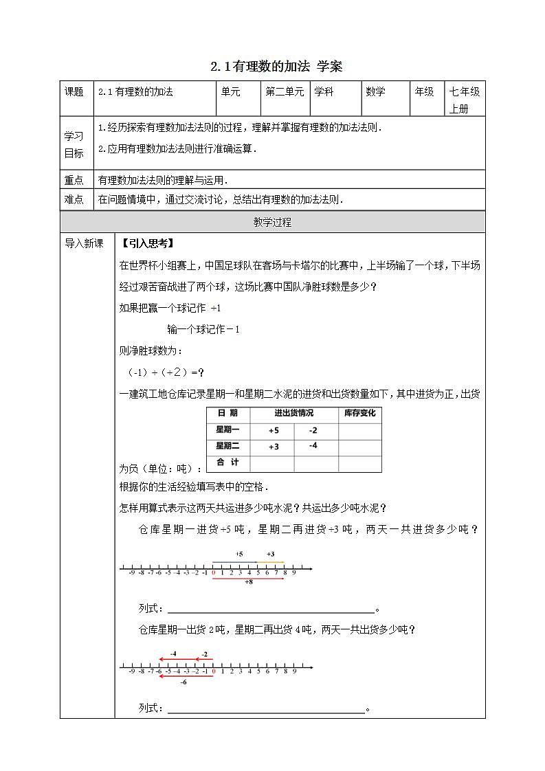 浙教版7年级上册数学2.1有理数的加法 课件+教案+学案01