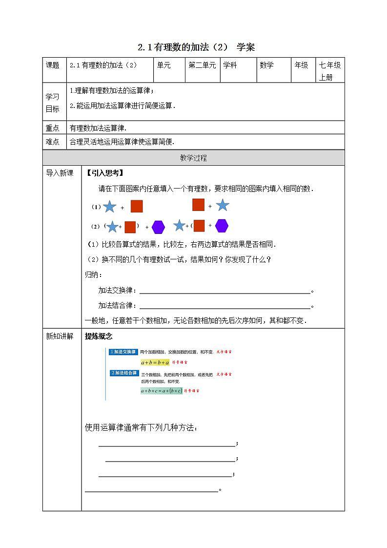浙教版7年级上册数学2.1有理数的加法（2） 课件+教案+学案01