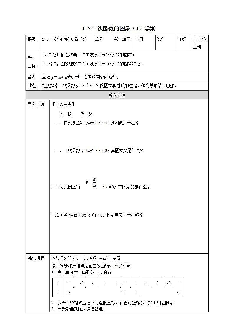 浙教版9年级上册数学1.2二次函数的图像（1）学案第1页