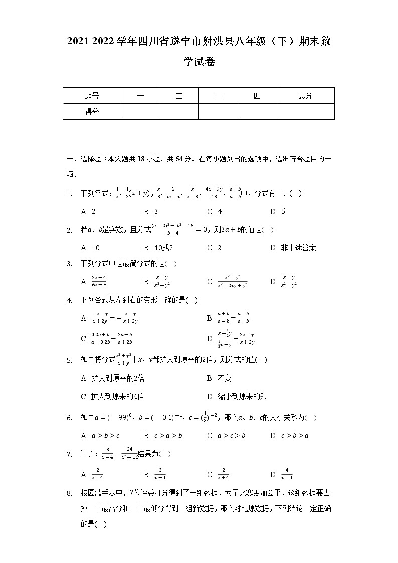 四川省遂宁市射洪县2021-2022学年八年级下学期期末数学试卷 (word版含答案)第1页