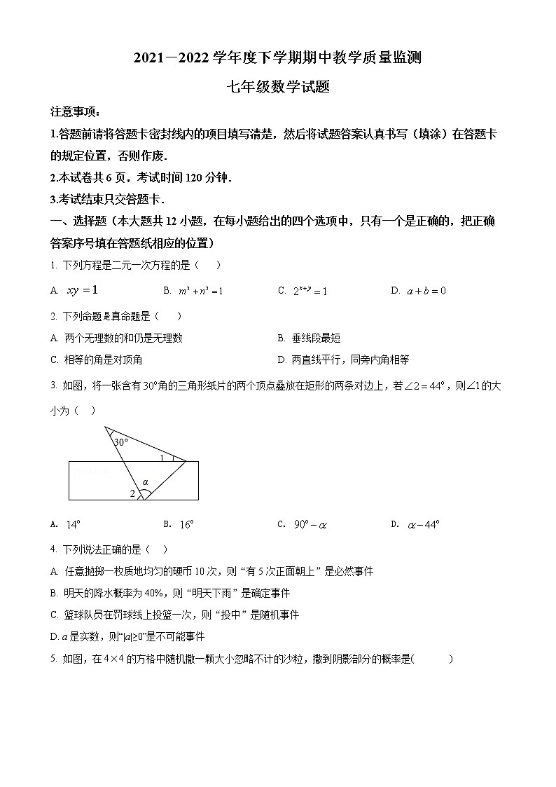 山东省泰安市肥城市2021-2022学年七年级下学期期中数学试题(word版含答案)第1页