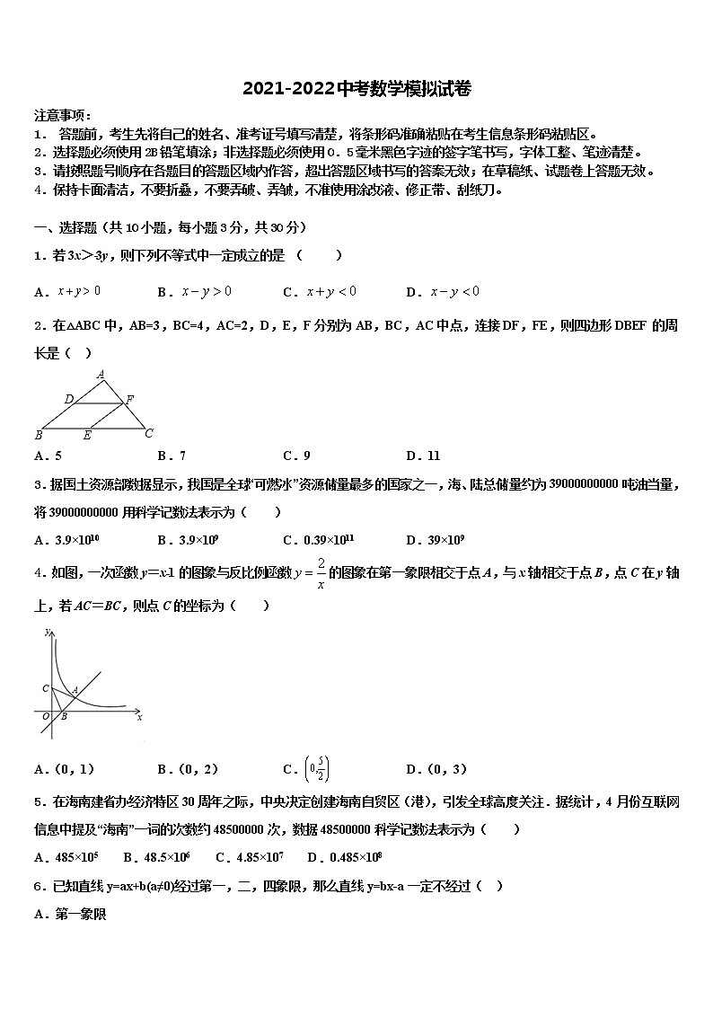 2022年山东省菏泽市东明县中考数学对点突破模拟试卷含解析第1页