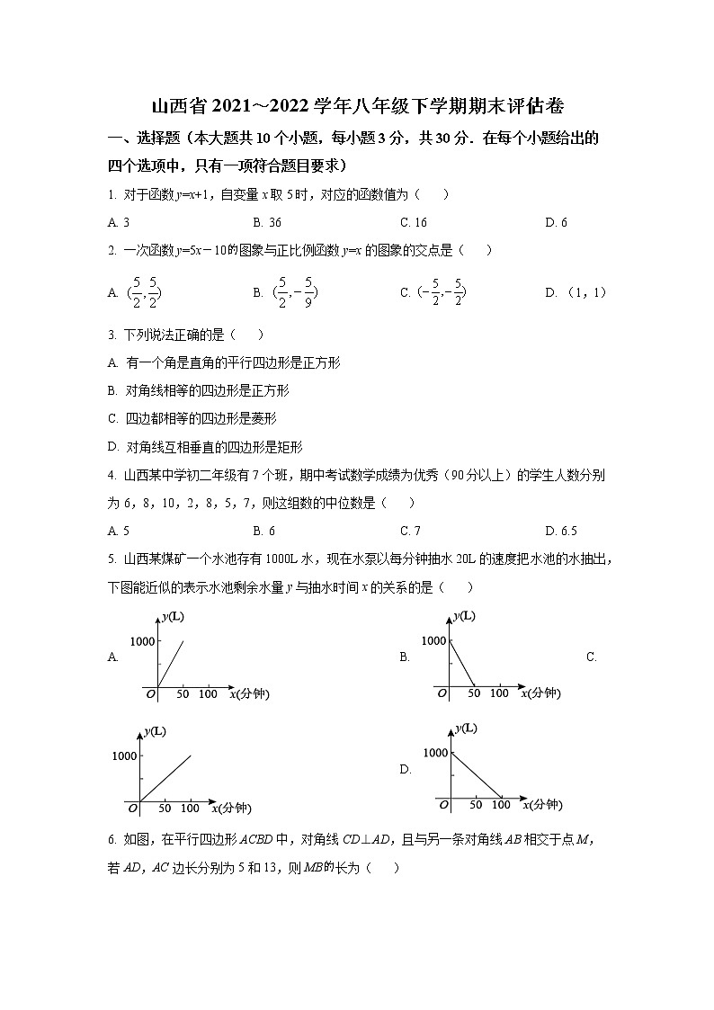 山西省临汾市部分区县2021-2022学年八年级下学期期末调研测试数学试卷(含答案)第1页