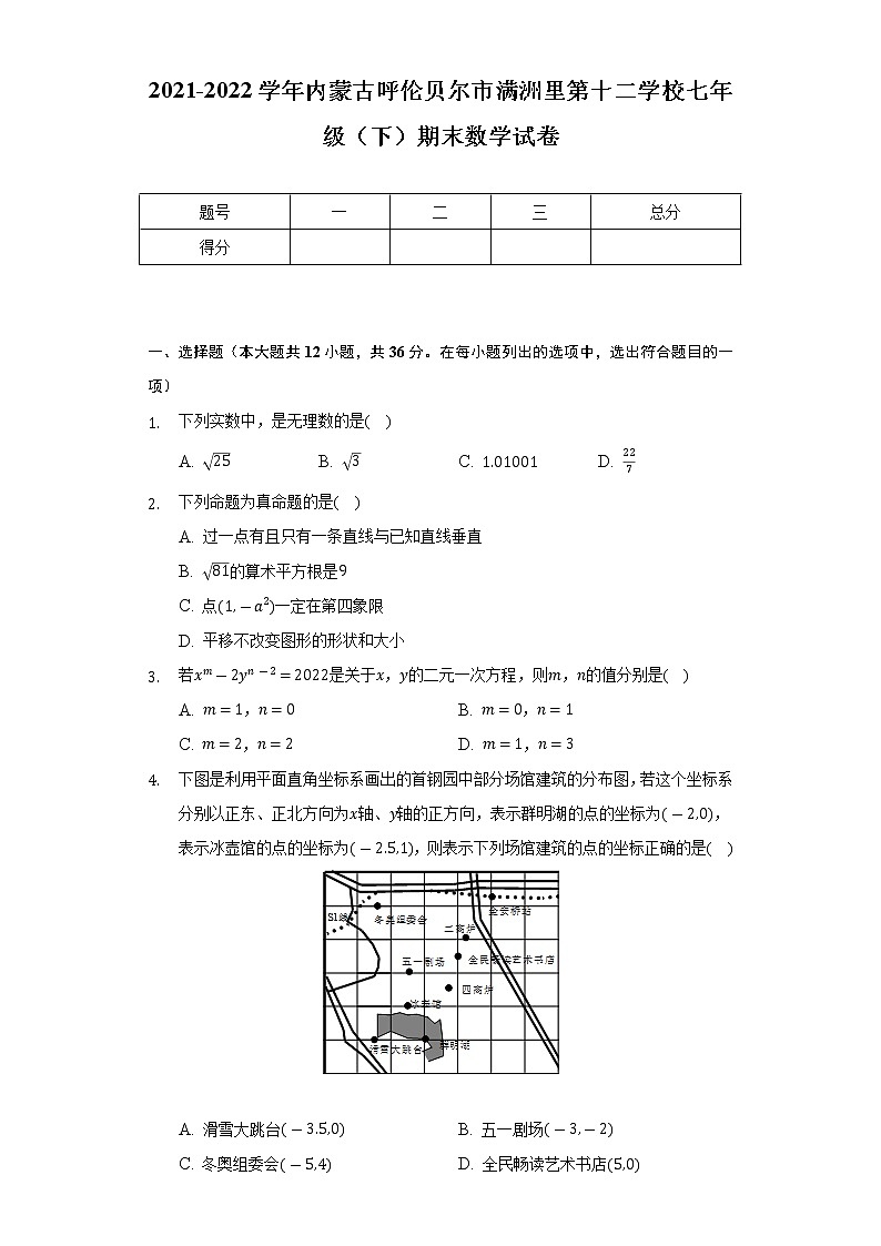 2021-2022学年内蒙古呼伦贝尔市满洲里第十二学校七年级（下）期末数学试卷（Word解析版）第1页