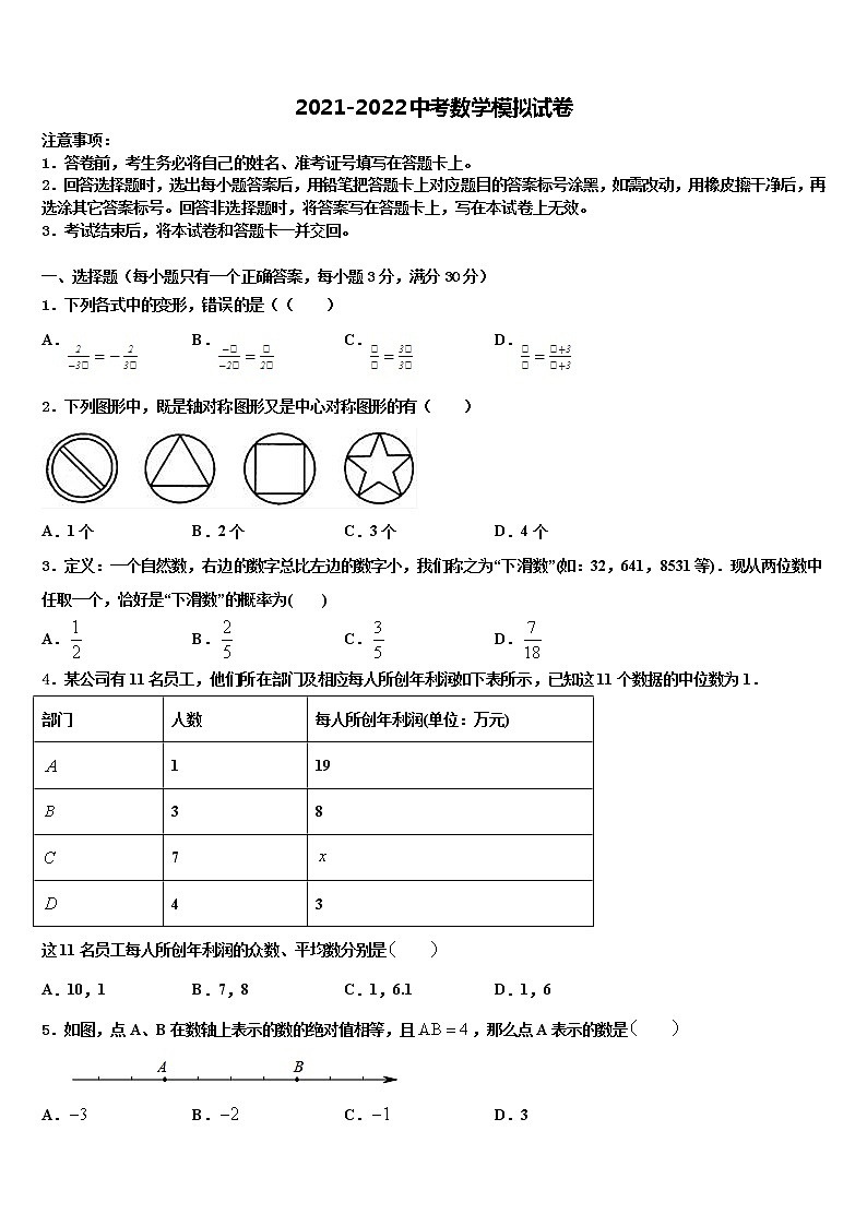 安徽合肥市瑶海区重点名校2022年中考数学模拟预测试卷含解析01