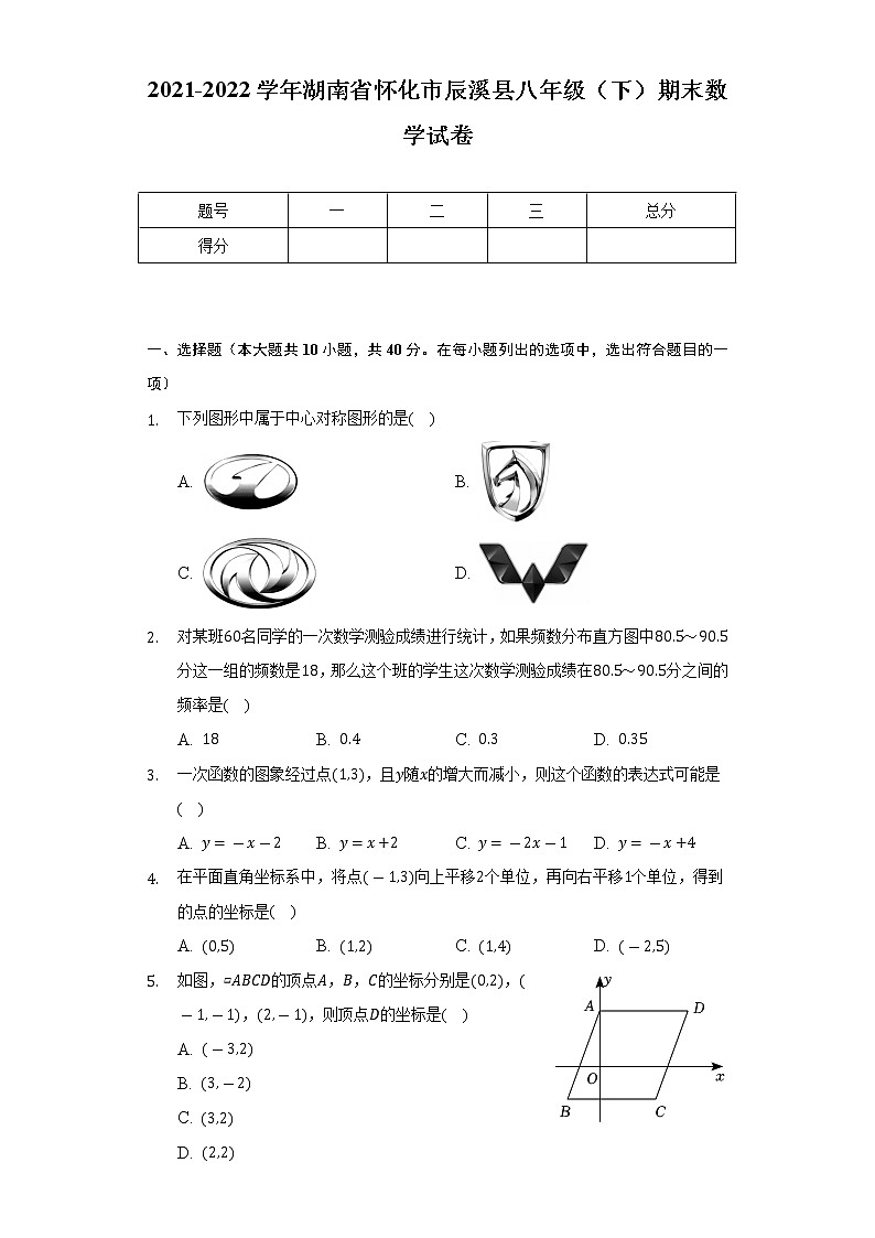 2021-2022学年湖南省怀化市辰溪县八年级（下）期末数学试卷（Word解析版）01