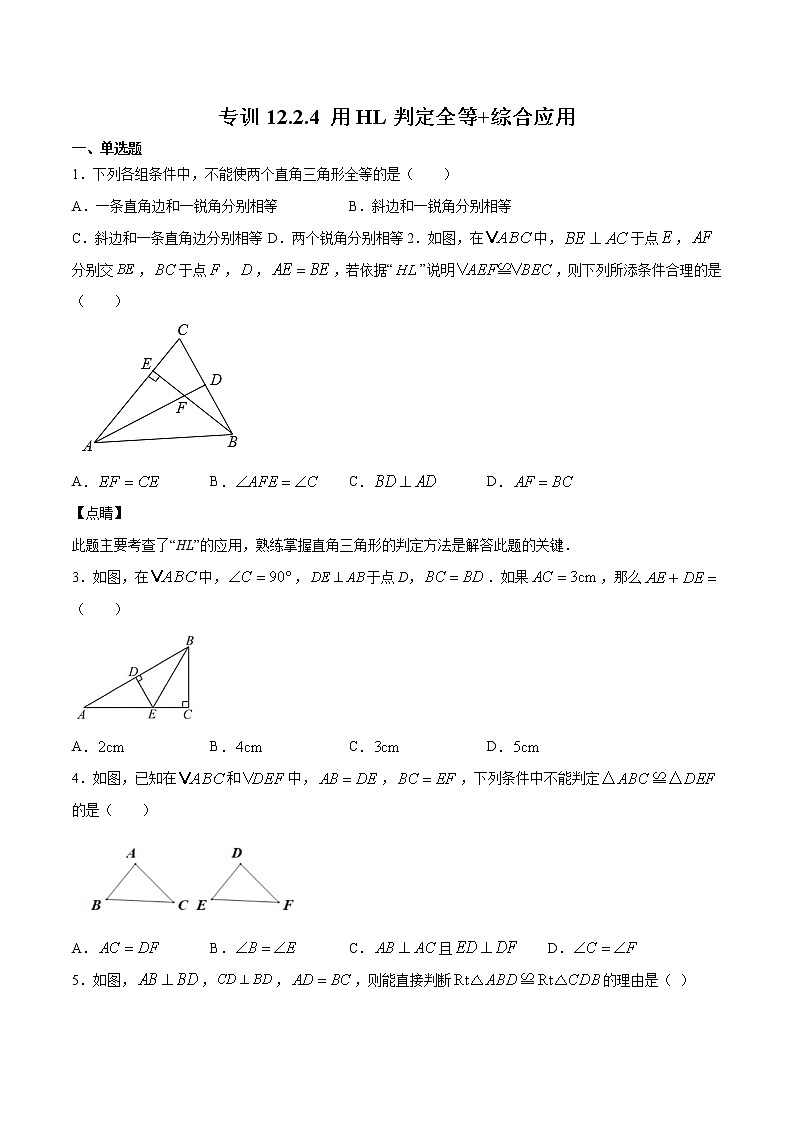 专训12.2.4 用HL判定全等+综合应用八年级上册考点专训（人教版） 试卷01