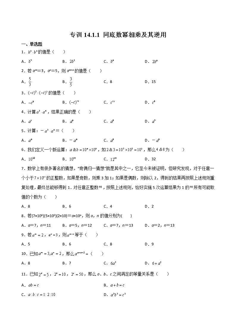 专训14.1.1 同底数幂相乘及其逆用八年级上册考点专训（人教版） 试卷01