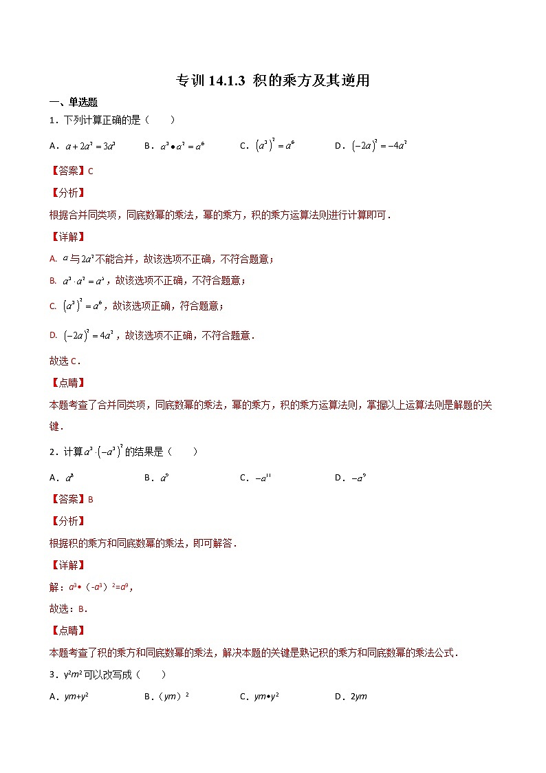 专训14.1.3 积的乘方及其逆用八年级上册考点专训（人教版） 试卷01