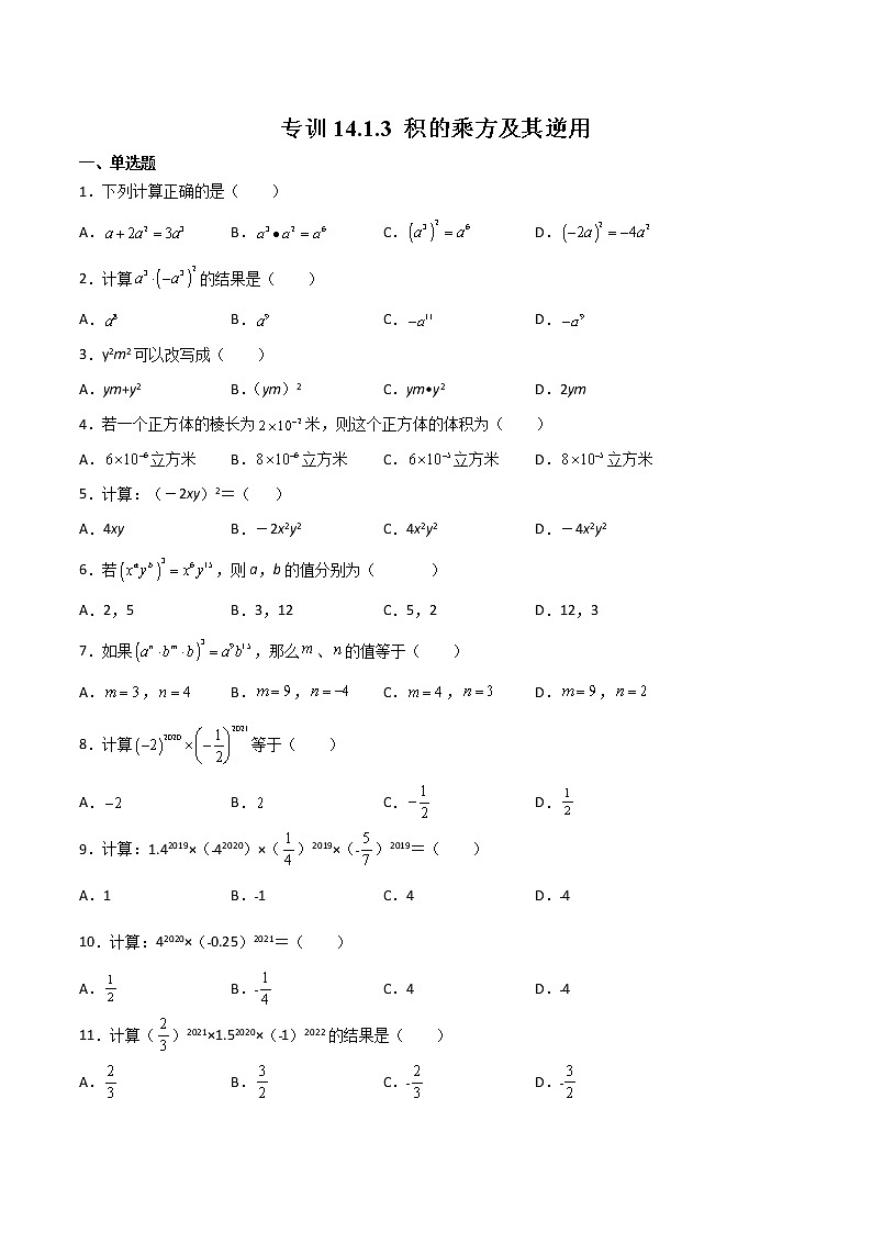 专训14.1.3 积的乘方及其逆用八年级上册考点专训（人教版） 试卷01