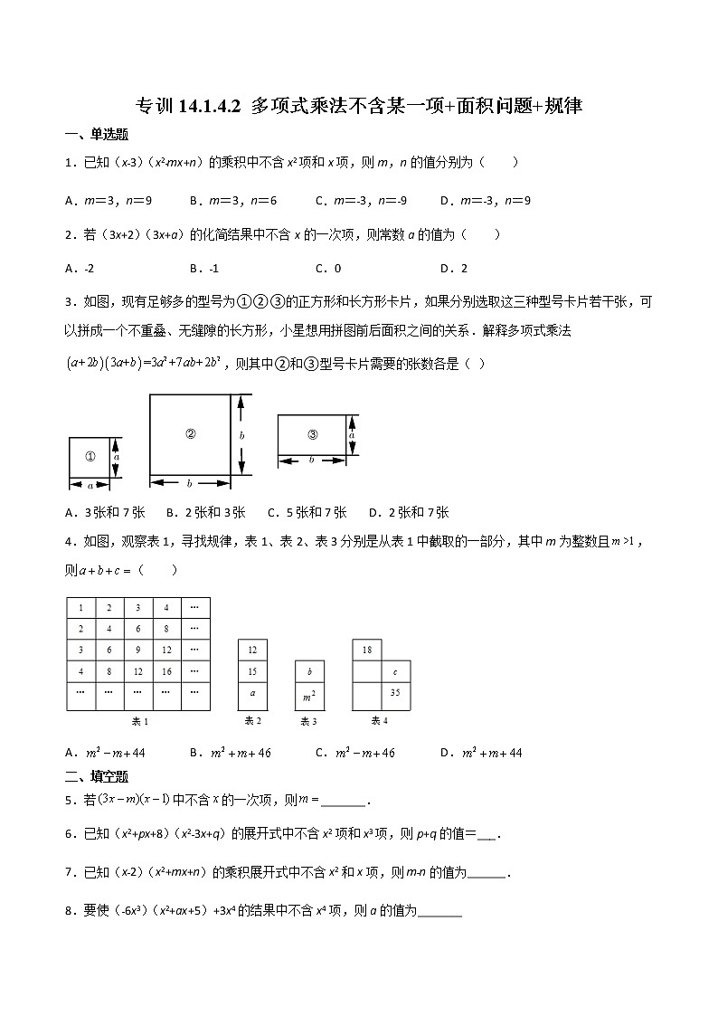专训14.1.4.2 多项式乘法不含某一项+面积问题+规律八年级上册考点专训（人教版）01