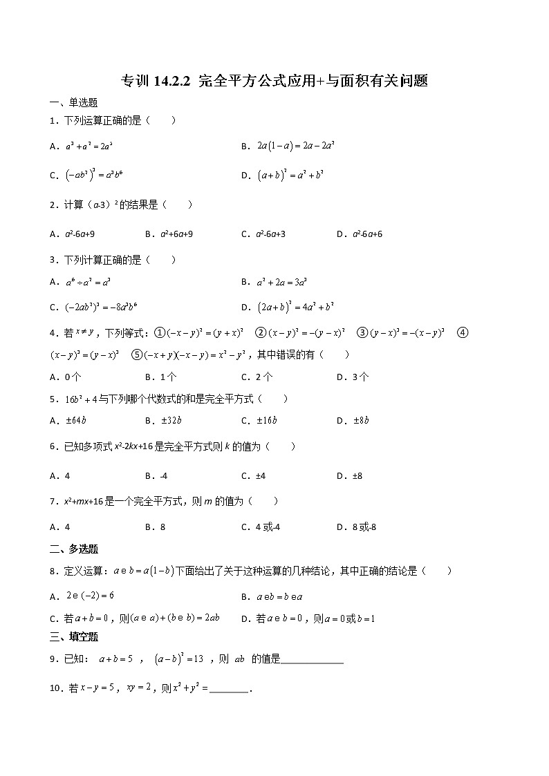 专训14.2.2 完全平方公式应用+与面积有关问题八年级上册考点专训（人教版）01