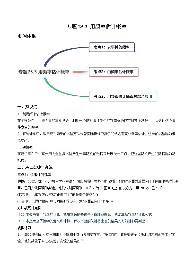 专题25.3 用频率估计概率（讲练）九年级上册同步讲练（人教版）01