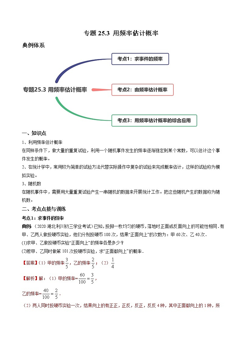 专题25.3 用频率估计概率（讲练）九年级上册同步讲练（人教版）01
