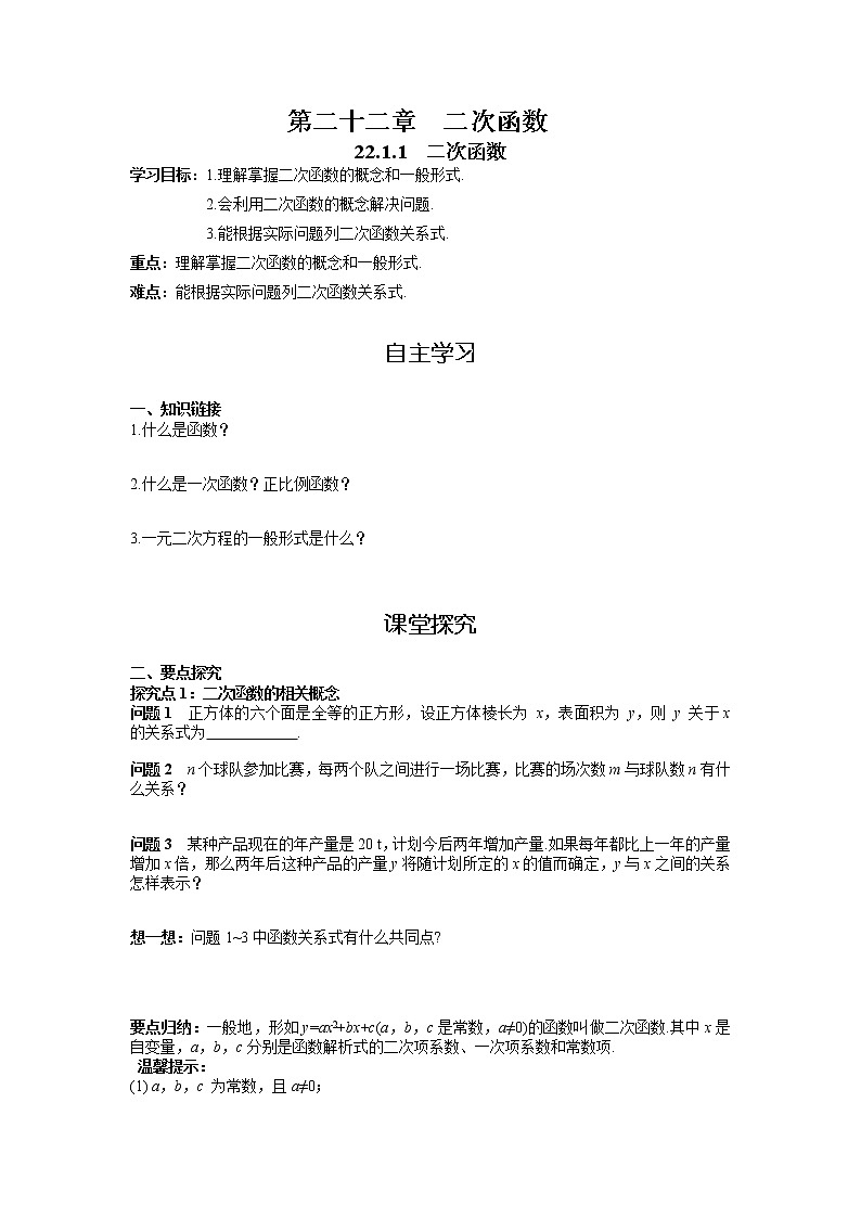 初中数学人教版九上学案22.1.1 二次函数01