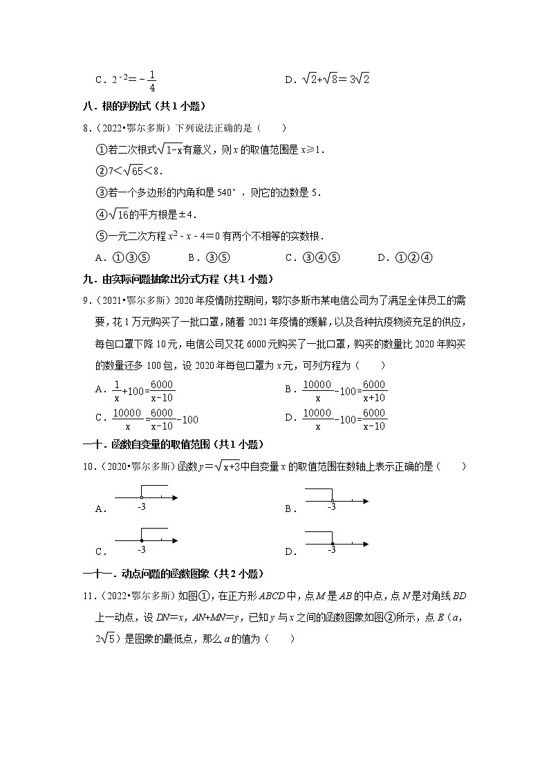 内蒙古鄂尔多斯三年（2020-2022）中考数学真题分类汇编-选择题02