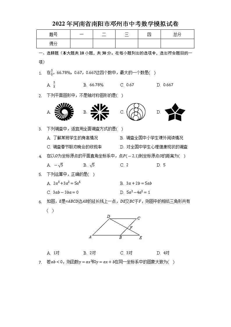 2022年河南省南阳市邓州市中考数学模拟试卷(word版含答案)01
