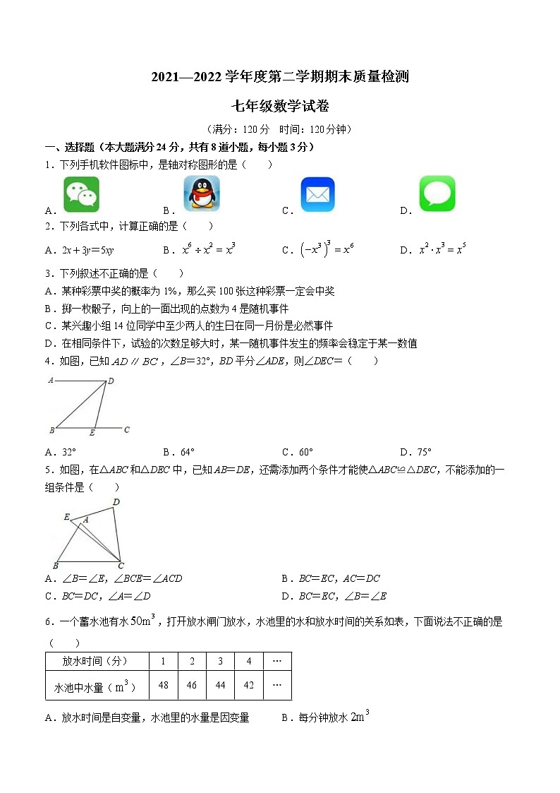 山东省青岛市2021-2022学年七年级下学期期末数学试题(word版含答案)01