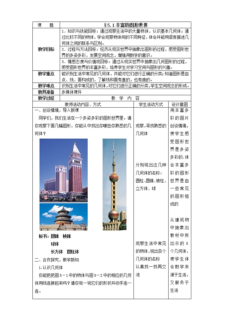 苏科版七年级上册数学 5.1丰富的图形世界 教案第1页