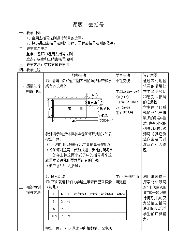 七年级数学苏科版上册教案第3单元 《3.5去括号》01